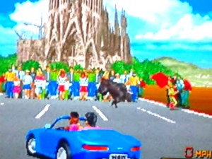 Outrunners (arcade) ...Sagrada Família, i toro perseguint al torero al fons ;)